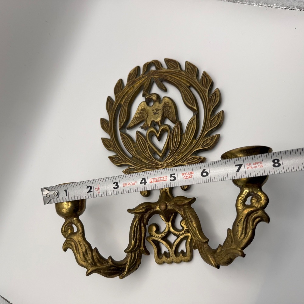 Vintage Brass Eagle Wall Sconce Federal Style Double Taper Candle Holder Heart - Picture 6 of 7